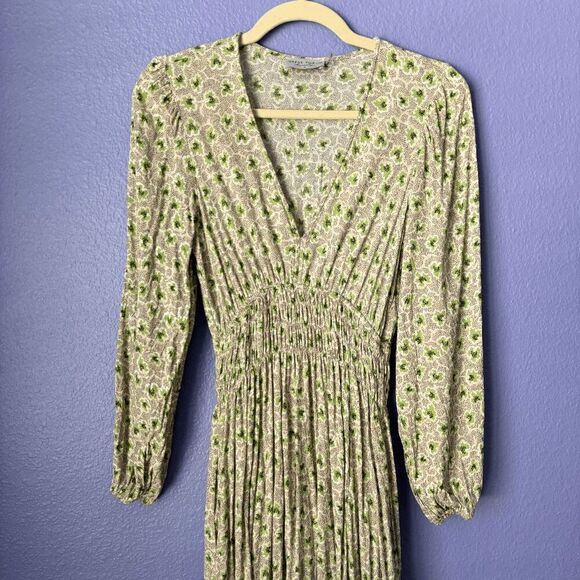 Women's Dress Forum Green Multi Pattern Small Maxi V Neck Long Sleeve Leg Slit - Picture 3 of 11